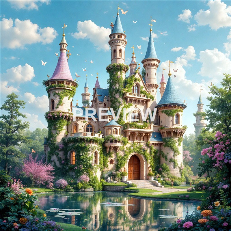 A whimsical fairy-tale castle with multiple turrets, surrounded by lush greenery and colorful flowers, reflecting in a calm pond under a bright, partly cloudy sky with flying butterflies.